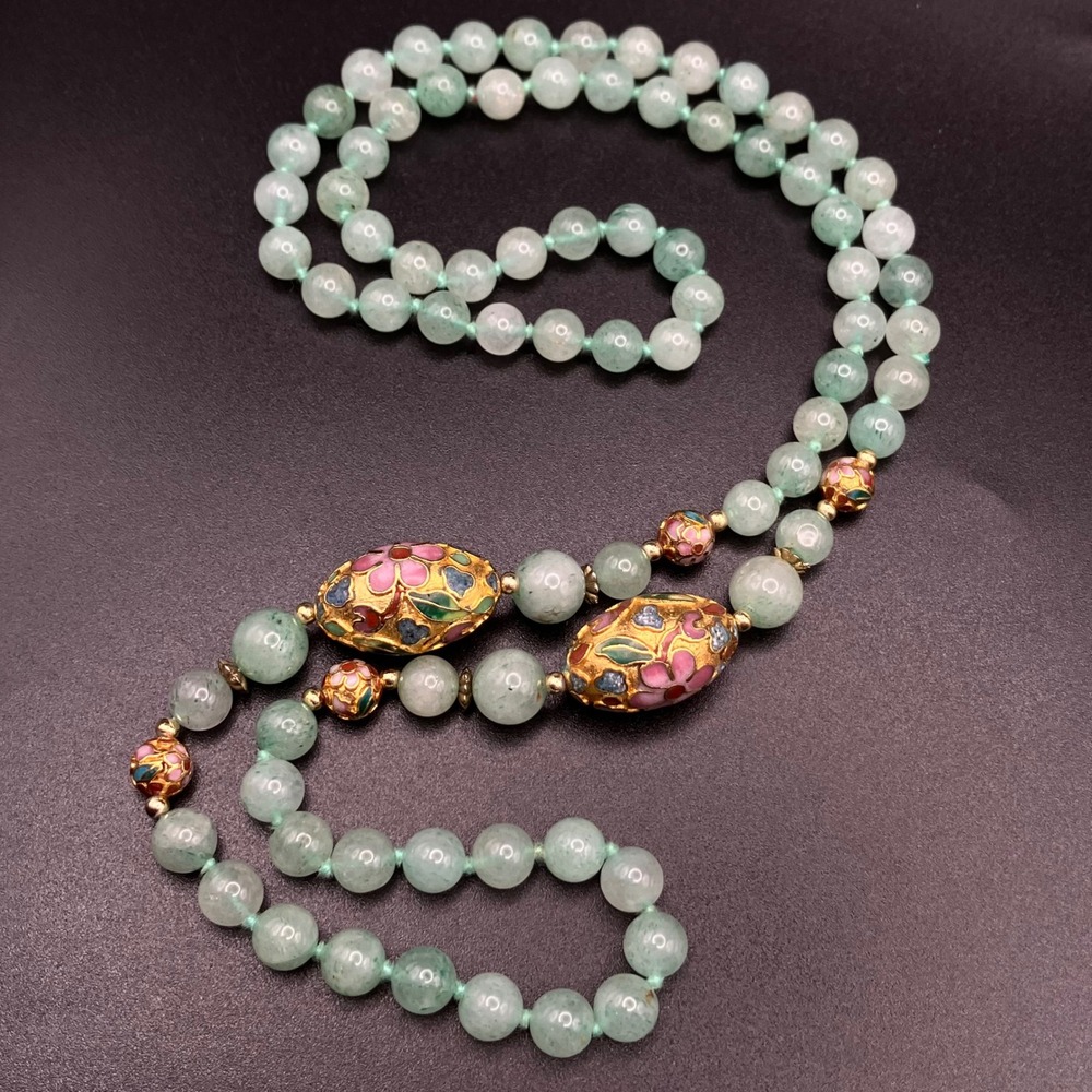 Vtg Chinese Export Green Gemstone Bead Necklace Cloisonne Enamel 32" Knotted